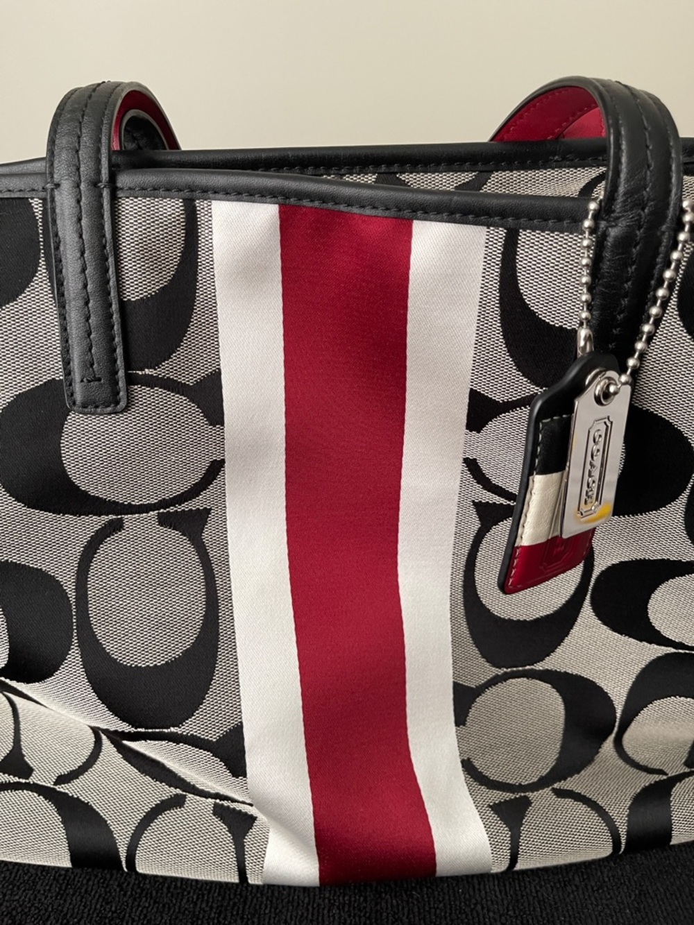 Coach Signature Stripe Tote Bag in Black, Gray & Red - Picture 3 of 10
